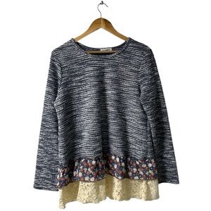 Eesome Long Sleeve Mixed Fabric Sweater Knit Top Tunic Lace Gray Blue Size M